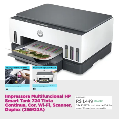 impressora multifuncional hp smart tank 724 tinta continua, cor, wi fi, scanner, duplex (2g9q2a)